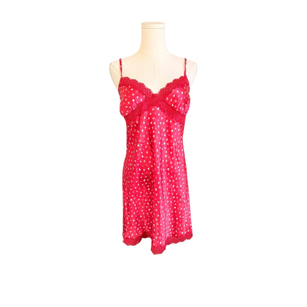 Jaclyn Smith Y2K Red Heart Lace Chemise Slip Nightgown Size Small
